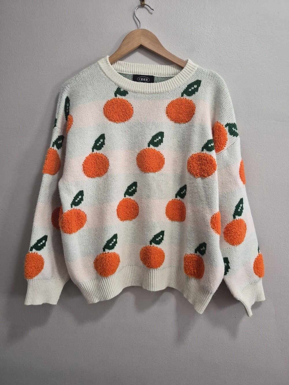 Cider Orange Fruit Fuzzy Crewneck Sweater Size Large